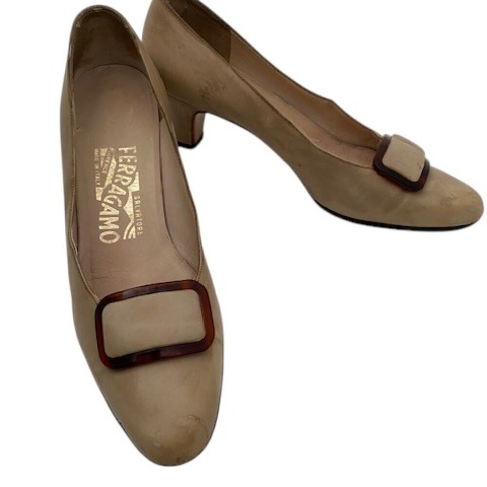 Ferragamo Leather Buckle Pumps Heels Shoes Tan Brown 7 VINTAGE 60s